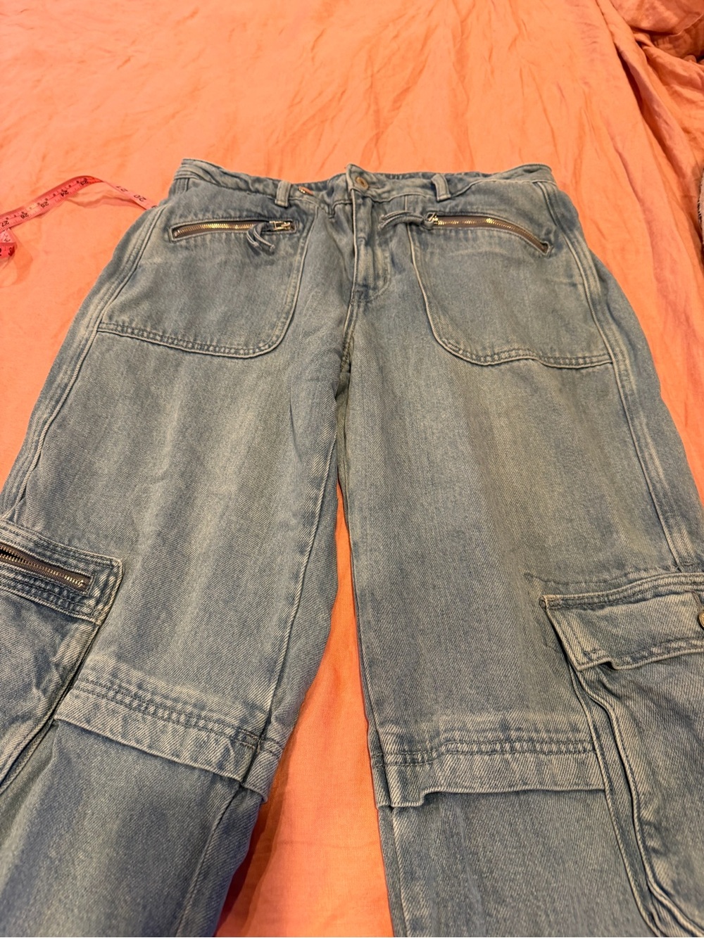 Women’s Blue Denim Cargo Jeans with Zipper Pockets